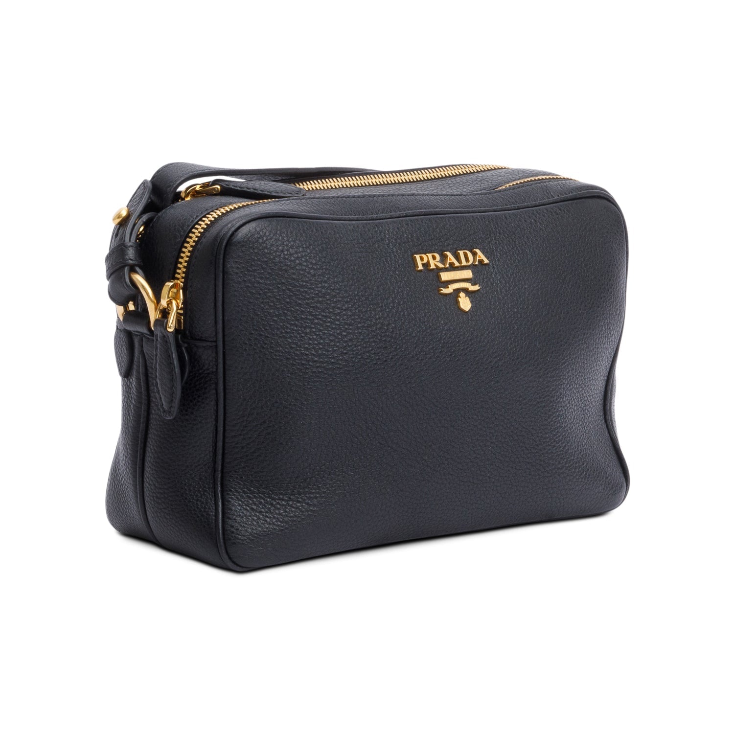 Prada Black Vitello Daino Leather Double Zip Camera Crossbody Bag
