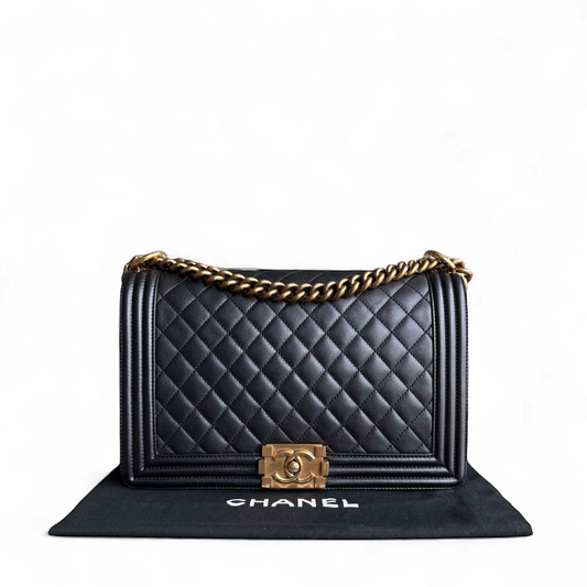 Chanel Boy New Medium - 28CM Quilted Lambskin Black Gold Hardware Series 26