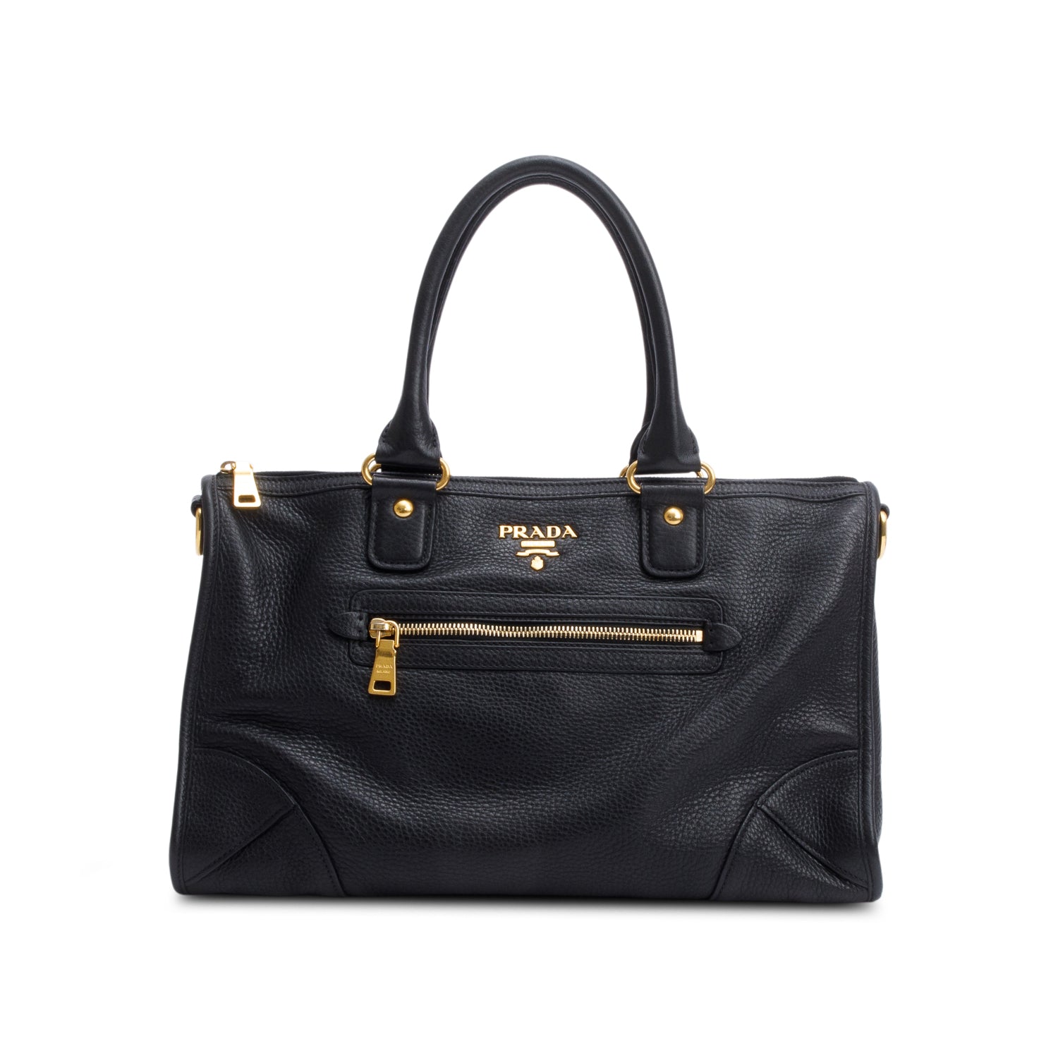 Prada Black Vitello Daino Leather Zip Convertible Tote
