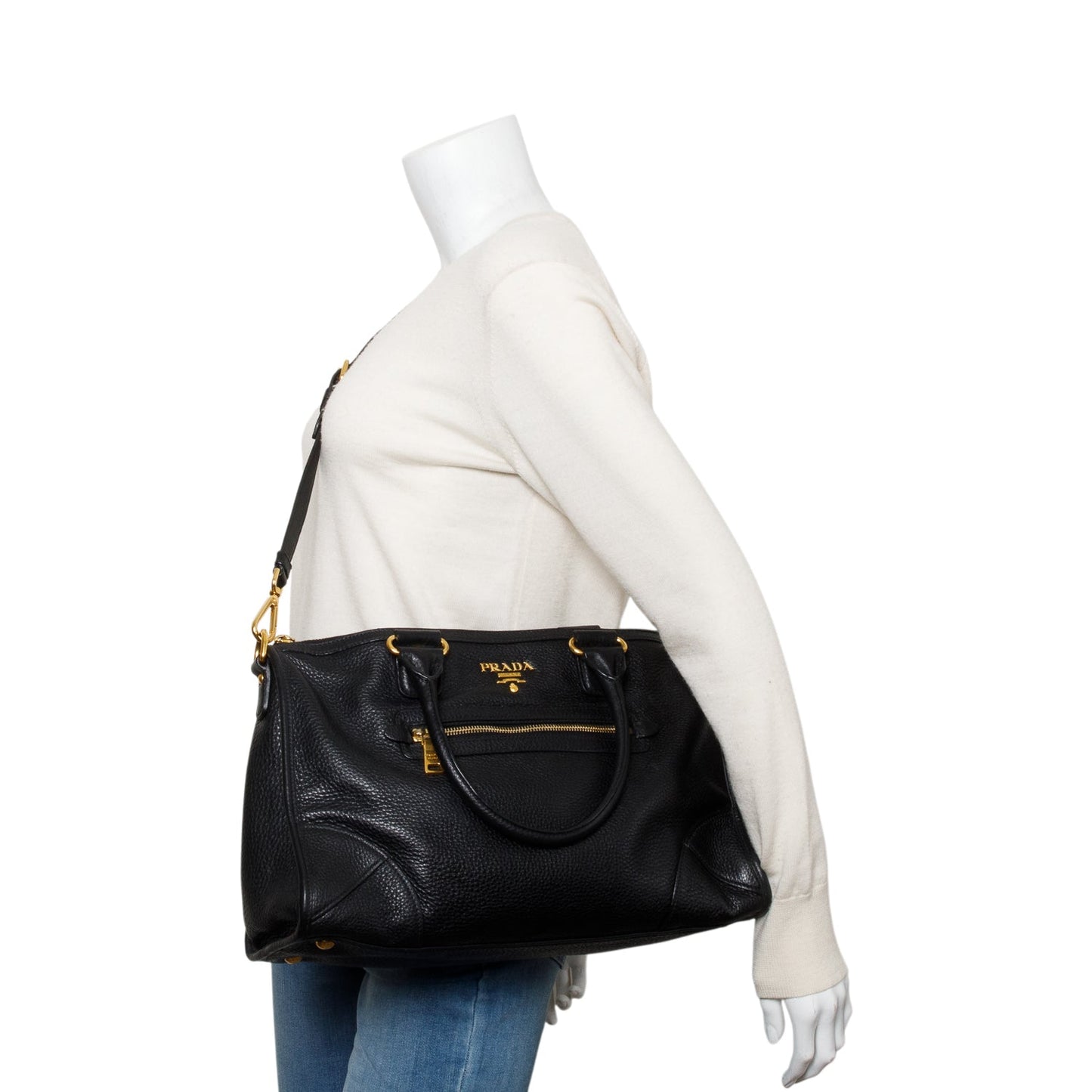 Prada Black Vitello Daino Leather Zip Convertible Tote
