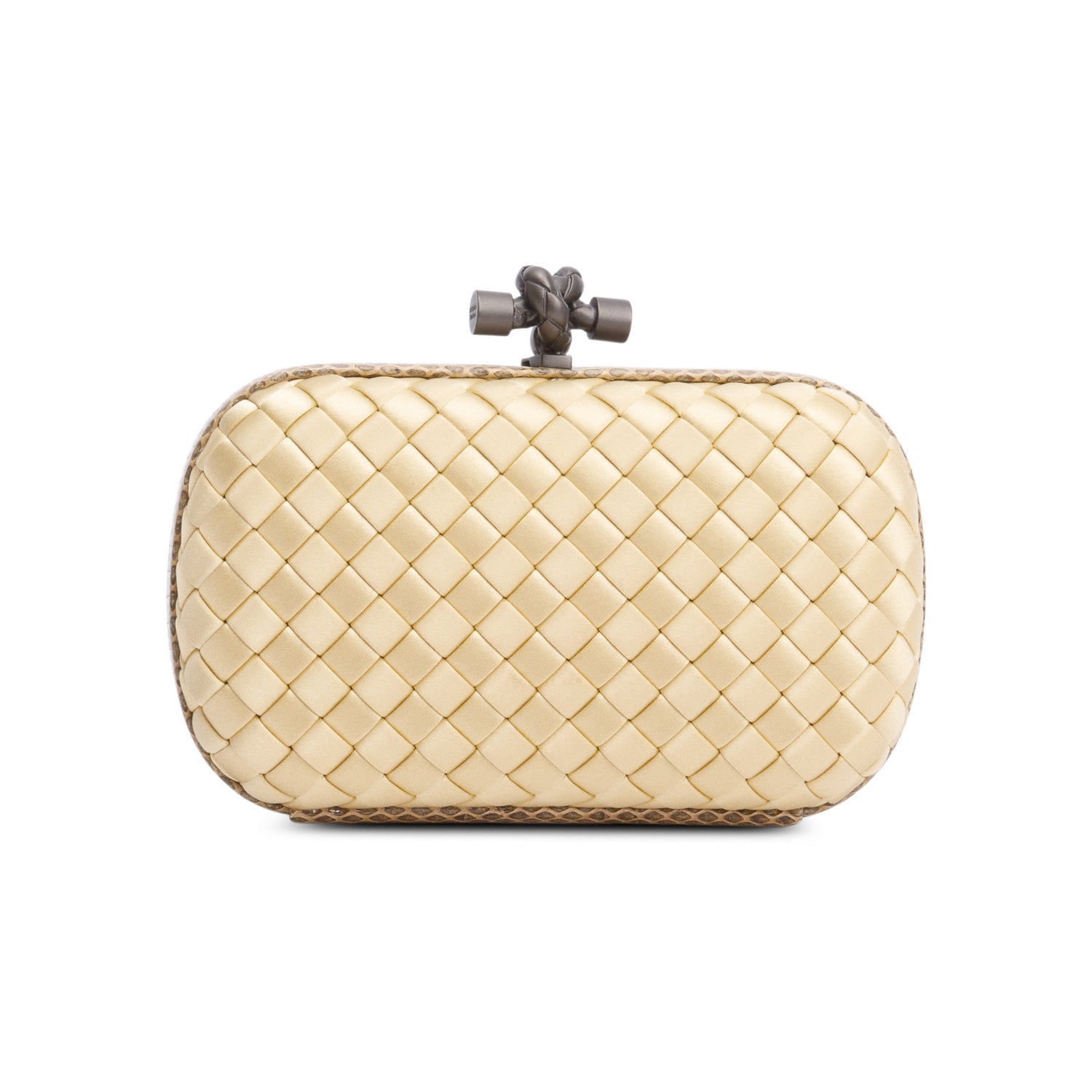 Bottega Veneta Gold Snakeskin-Trimmed Intrecciato Satin Knot Clutch