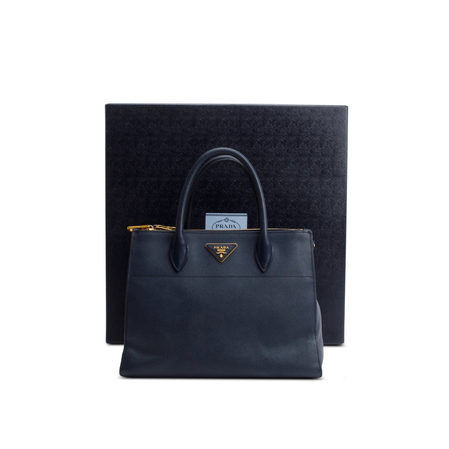 Prada Navy Saffiano & City Calf Leather Medium Greche Paradigme Tote