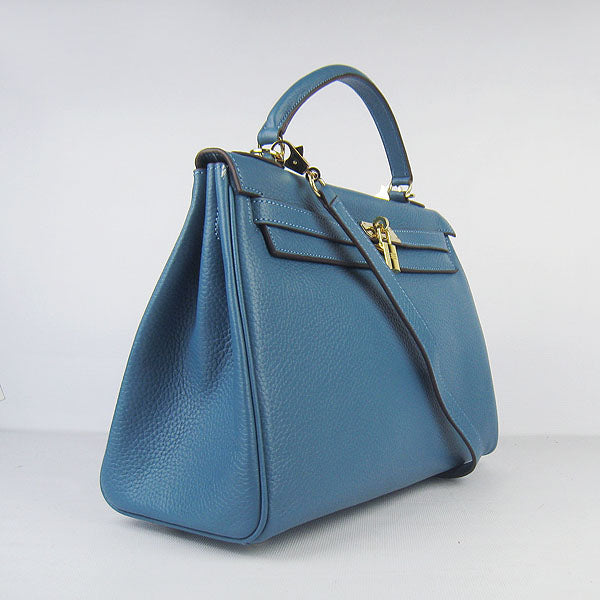Luxury Hermes Kelly 32cm Togo Leather Handbag Blue/Golden