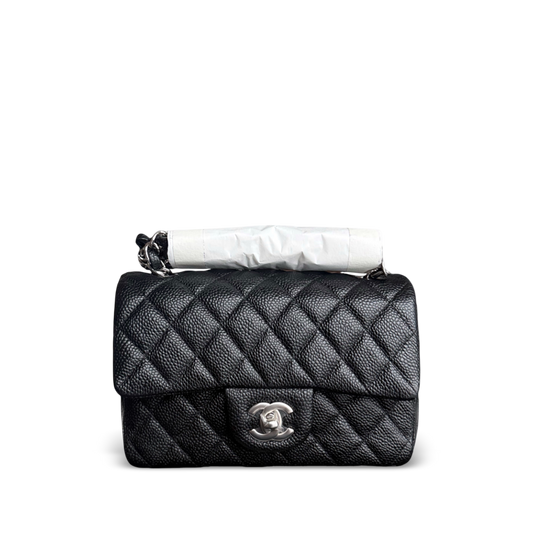 Chanel Caviar Mini Rectangle Classic Flap - 20CM Quilted Black Silver Hardware Series 20