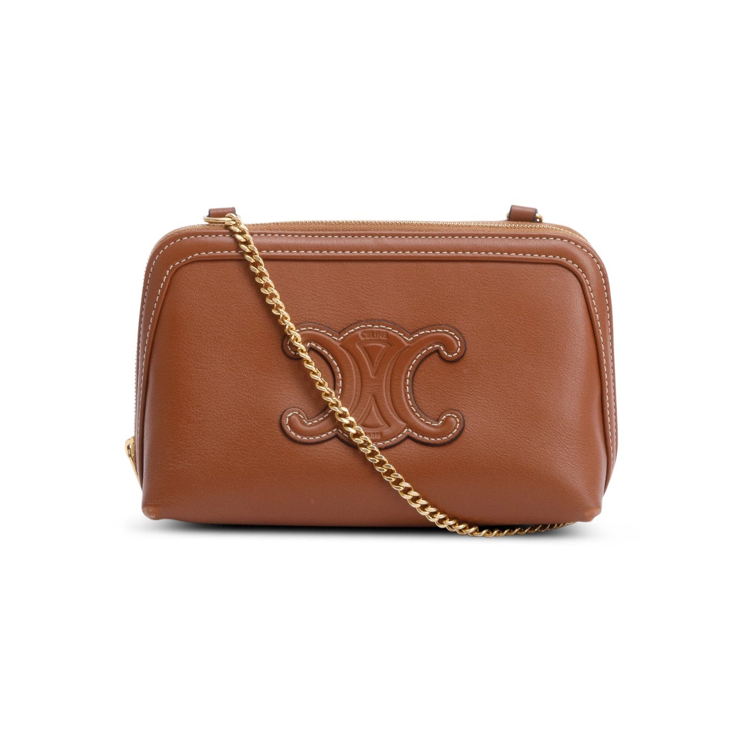 Celine 2022 Tan Calfskin Leather Triomphe Clutch On Chain