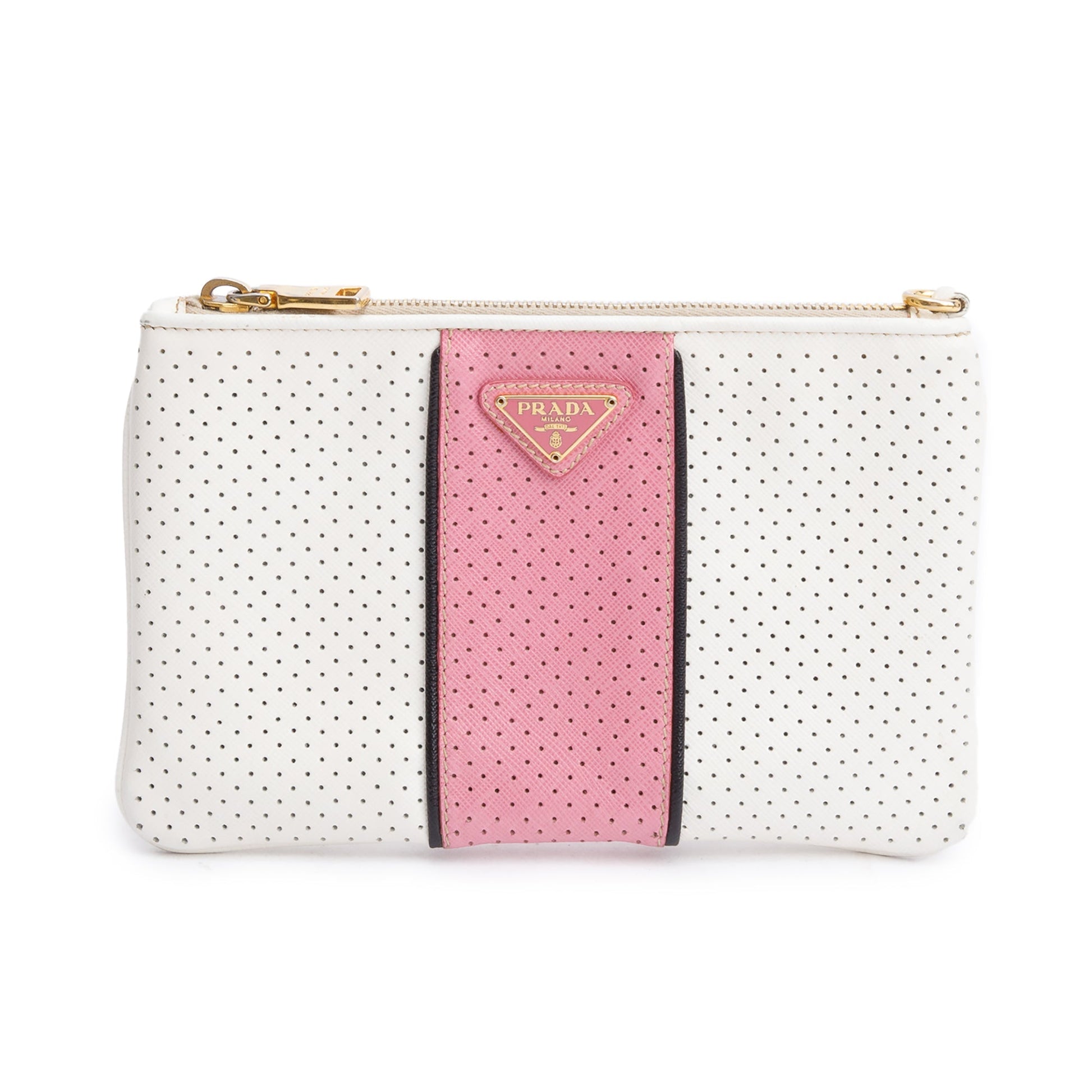 Prada White/Pink Saffiano Cuir Perforated Clutch