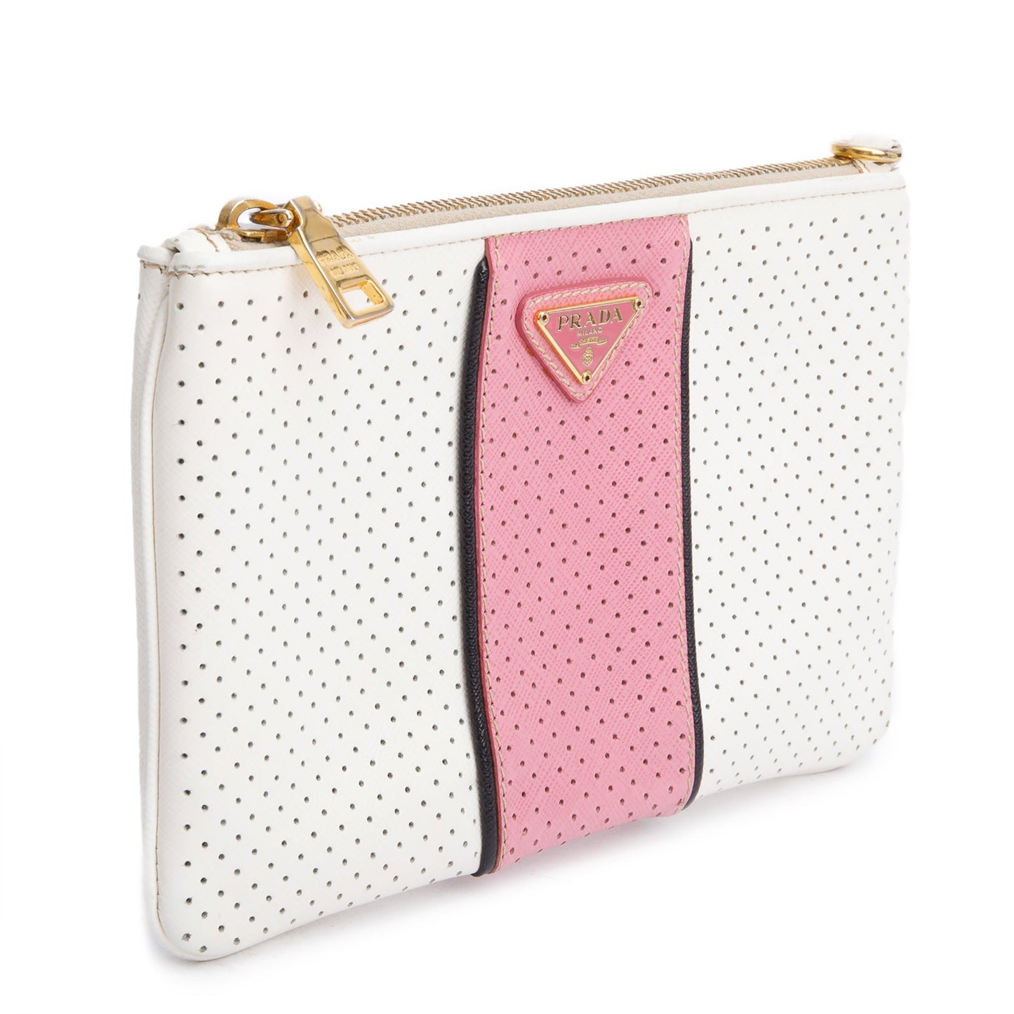 Prada White/Pink Saffiano Cuir Perforated Clutch
