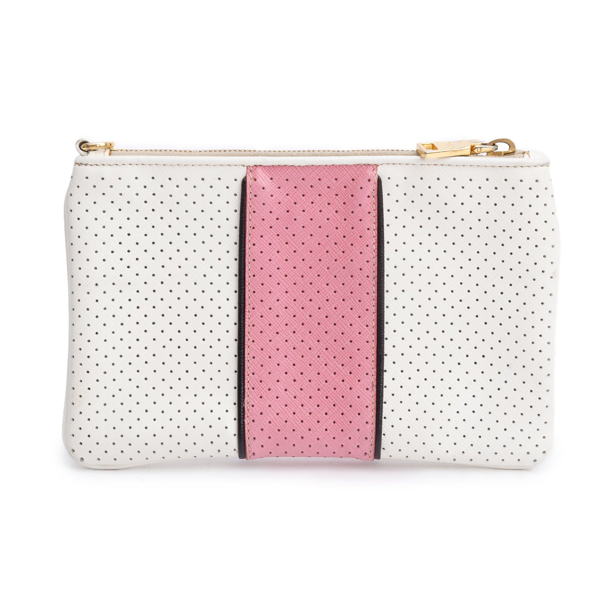 Prada White/Pink Saffiano Cuir Perforated Clutch