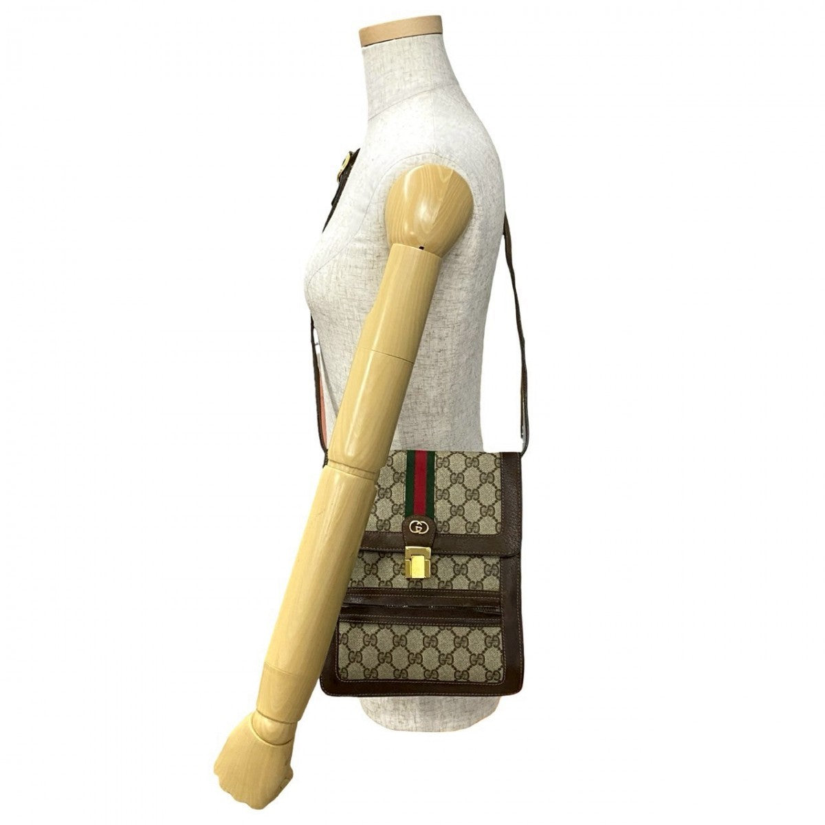 GUCCI Shoulder Bag Leather, PVC Brown GG logo Metal Sherry line Women