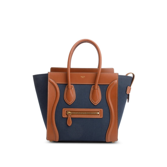 Celine 2020 Tan & Navy Bi-color Calfskin Leather Canvas Micro Luggage Tote