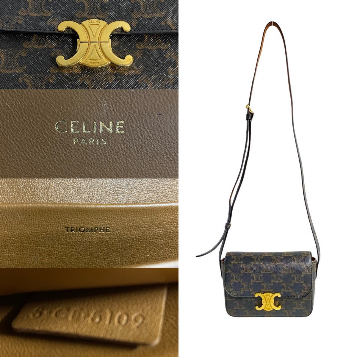 CELINE Shoulder Bag Leather, PVC Brown logo Metal Triomphe Mini Shoulder Women
