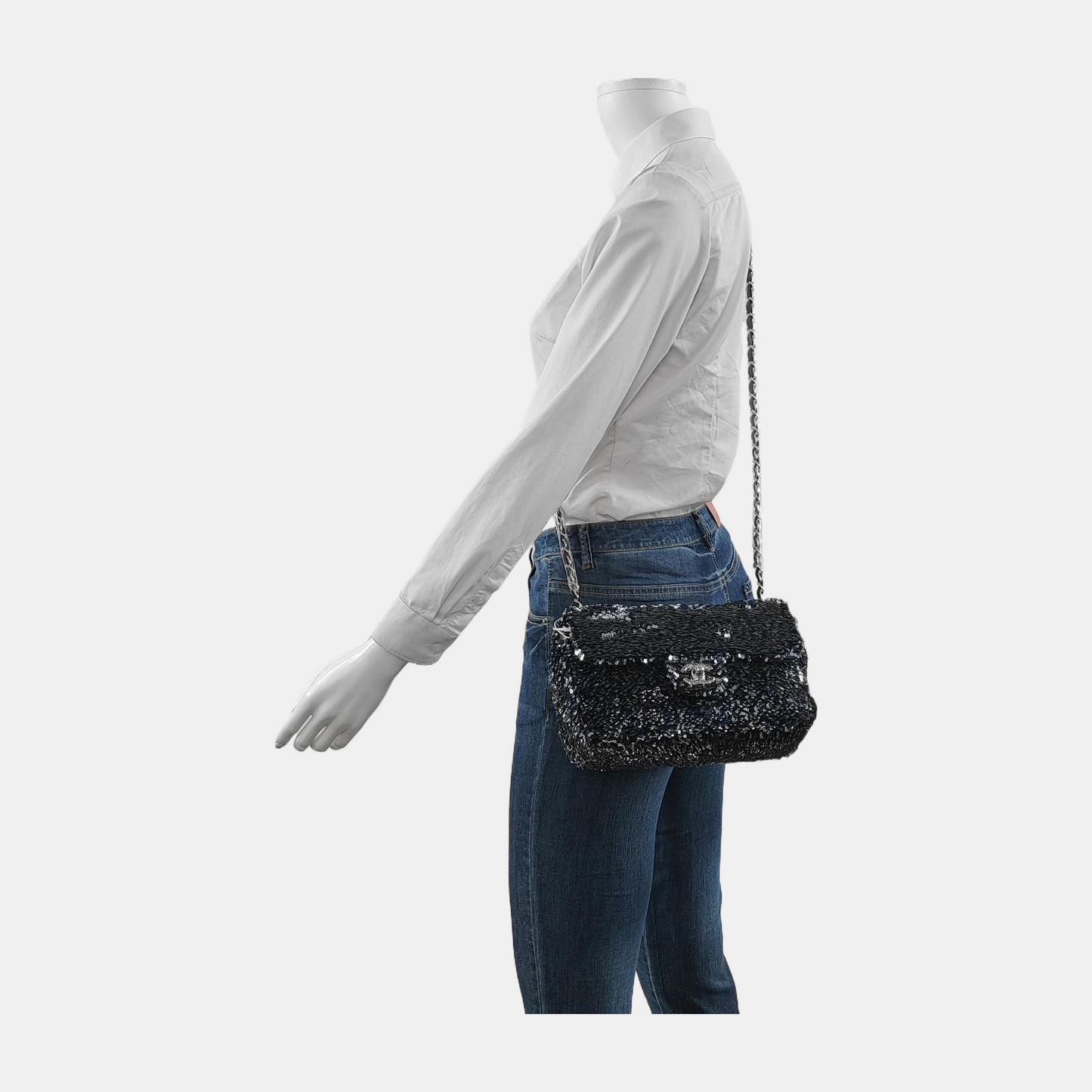 Chanel Paillette Flap Bag Rectangular Mini Glitter Sequins Navy and Silver