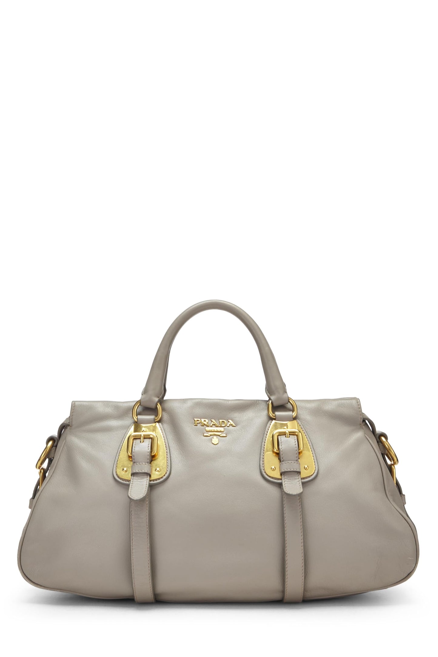 Prada, Grey Calfskin Convertible Buckle Handbag, Grey