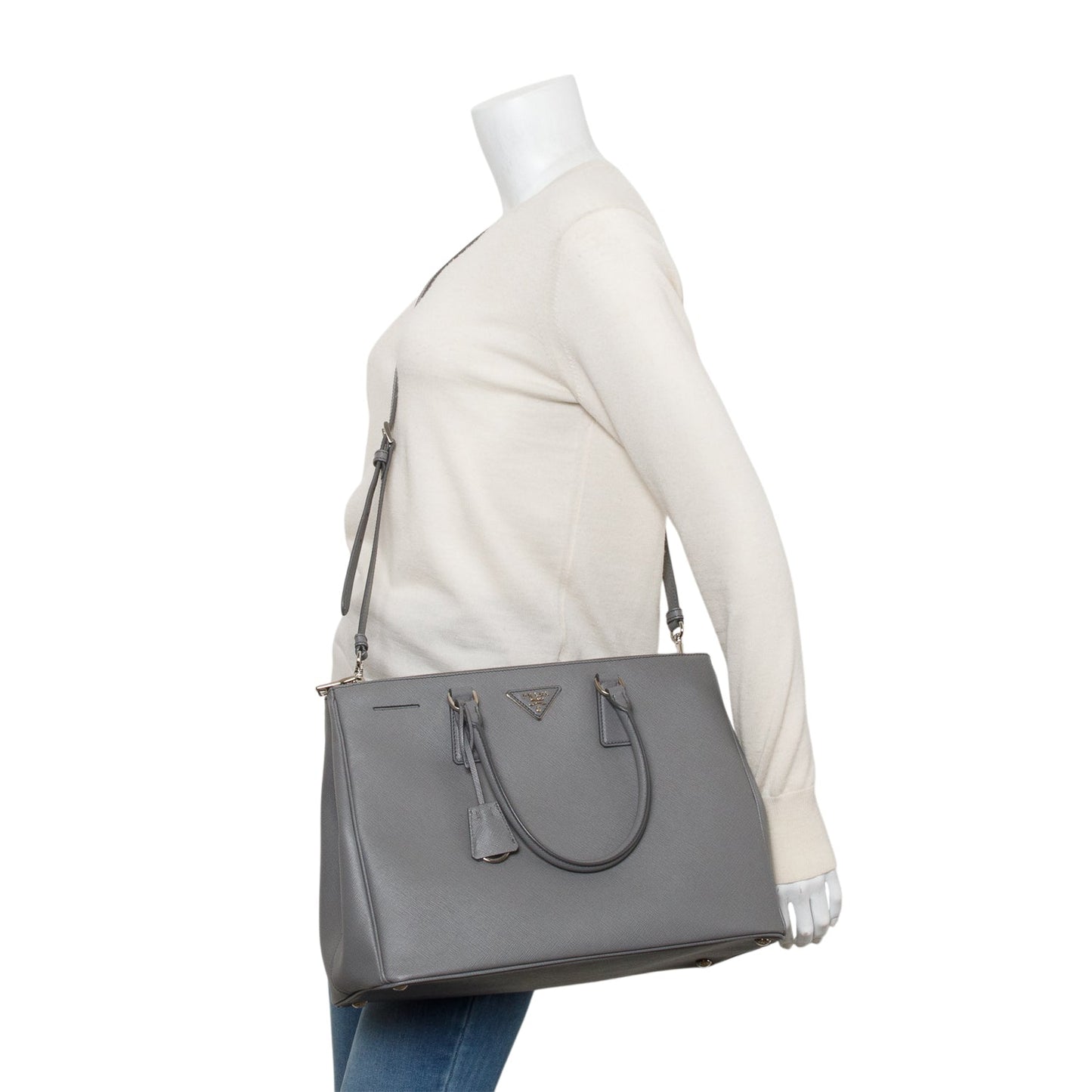 Prada Grey Saffiano Lux Large Double Zip Galleria Tote