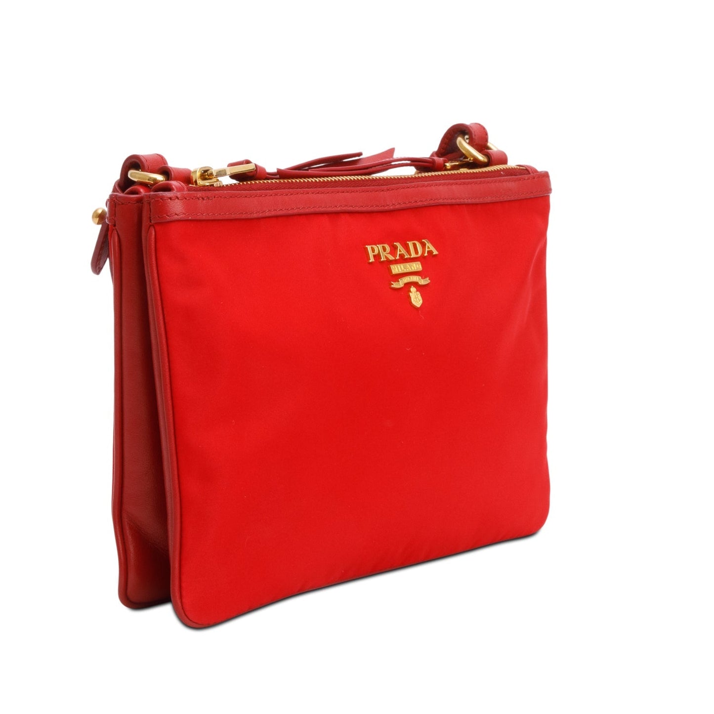 Prada Red Soft Calf Leather Tessuto Nylon Small Double Zip Crossbody Bag