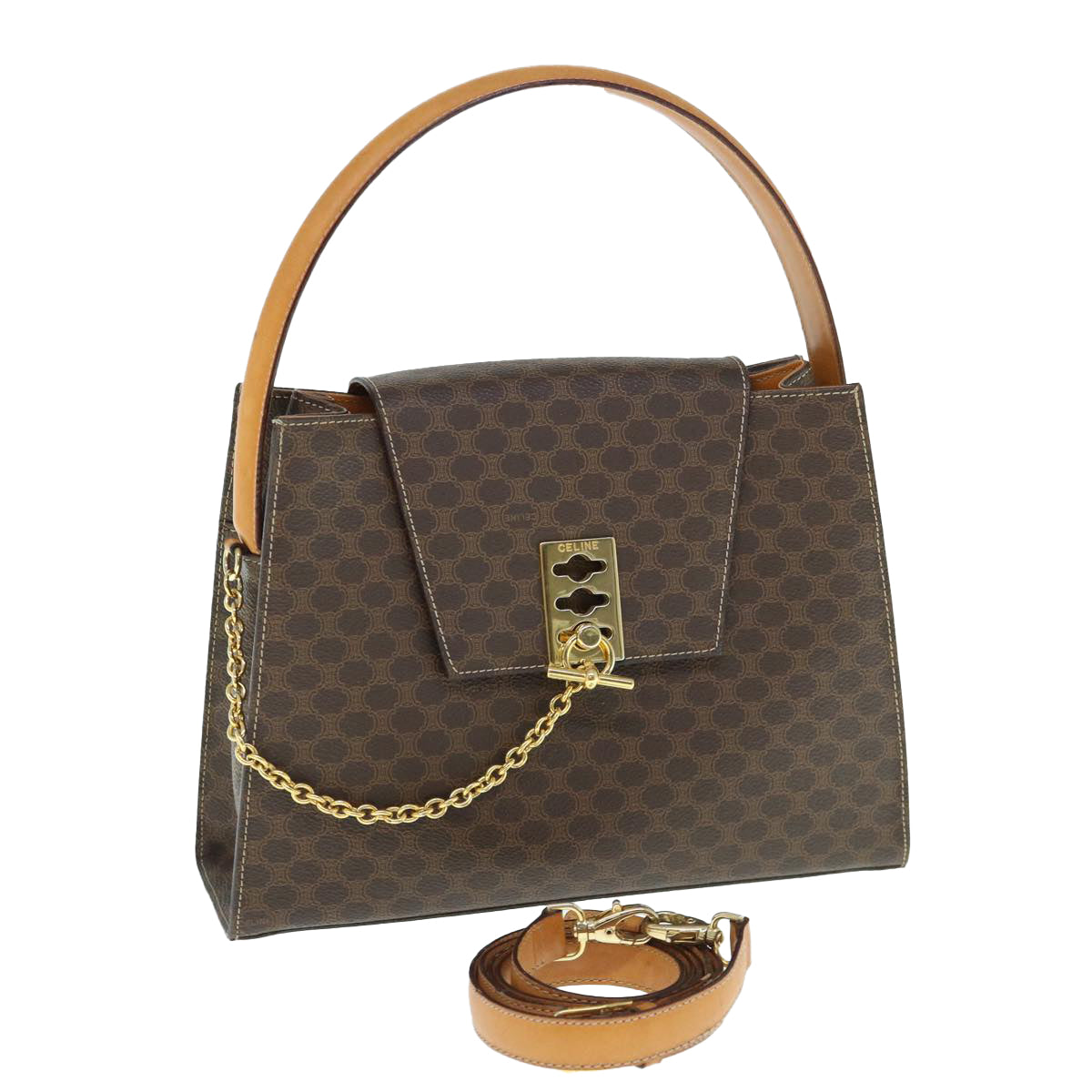 Luxury CELINE Macadam Canvas Hand Bag PVC Leather 2way Brown 62493