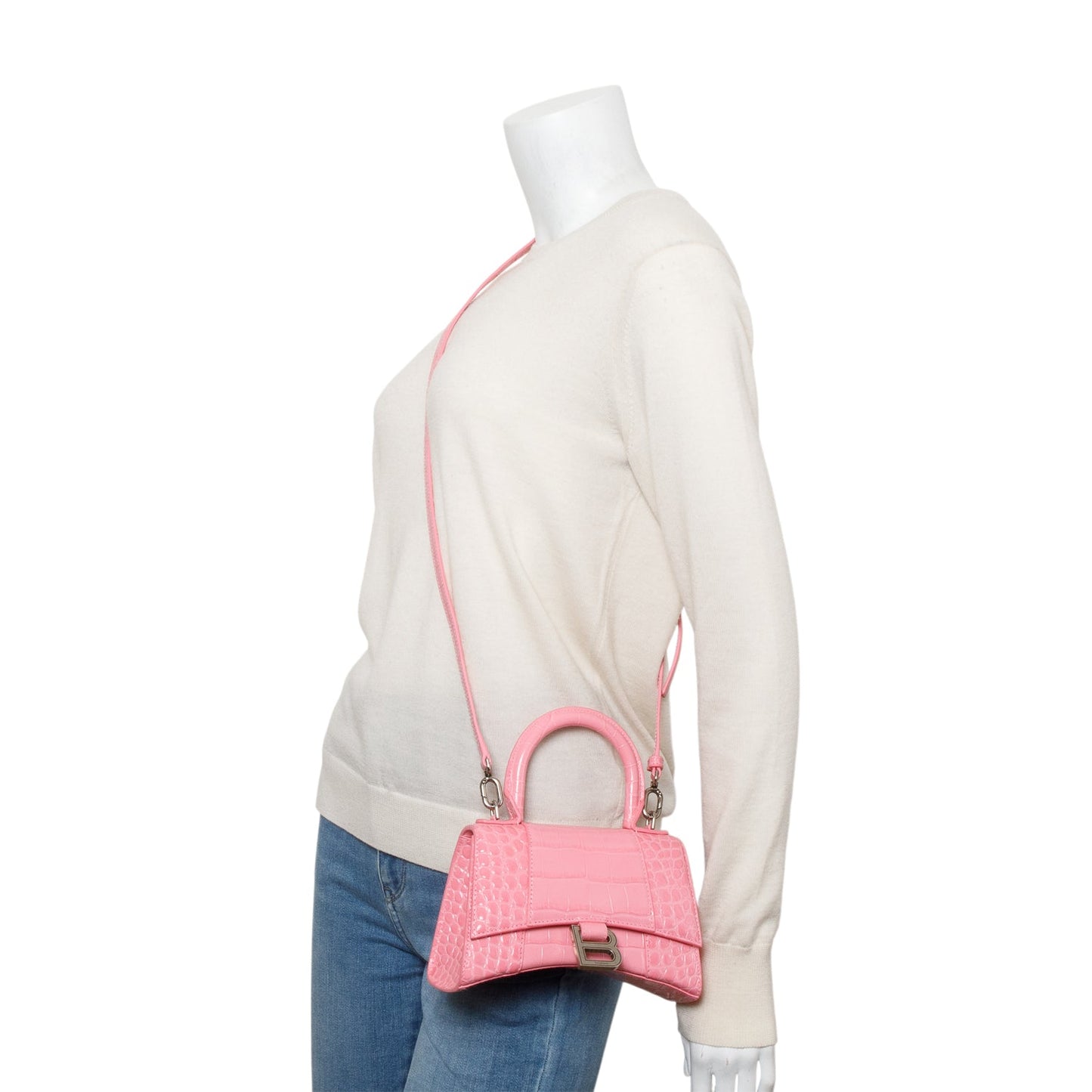 Balenciaga Pink Croc-Embossed Leather XS Hourglass Top Handle Bag