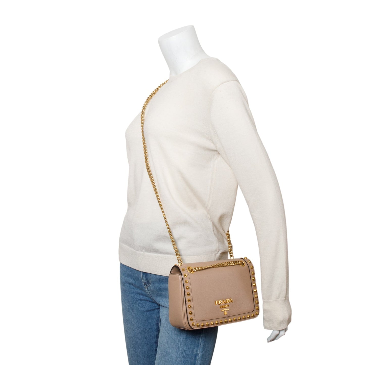 Prada Beige Glace Calf Leather Studded Camera Crossbody Bag