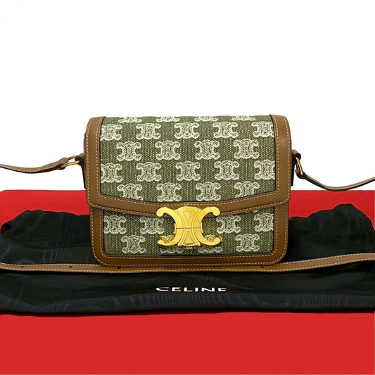 CELINE Shoulder Bag Leather, Canvas Brown logo Metal Teen Triomphe Women