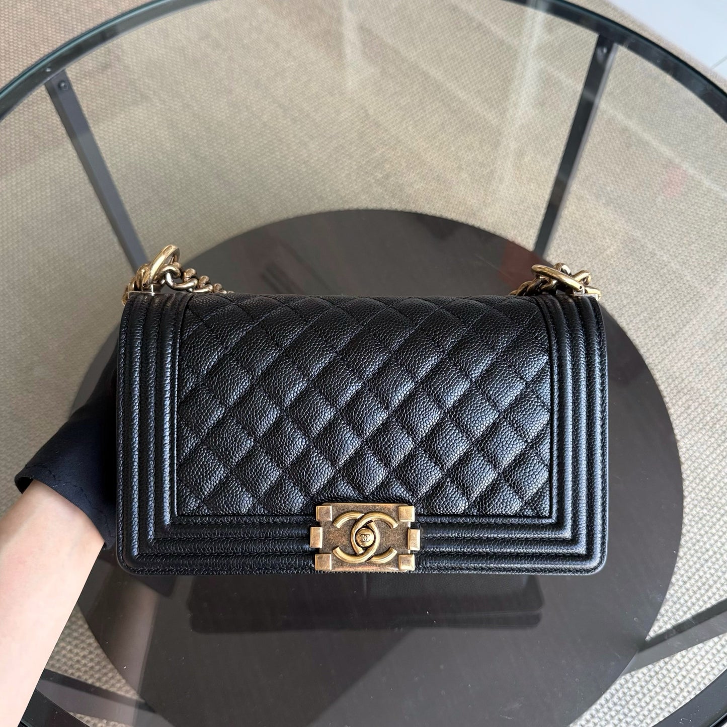 Chanel Boy Old Medium - Caivar Quilted Grained Calfskin Black Ruthenium Gold Hardware Series 19
