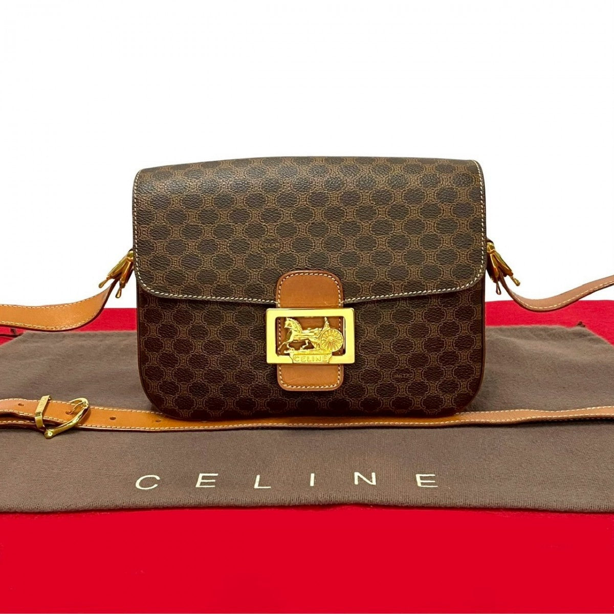 CELINE Shoulder Bag Leather, PVC Brown Macadam Blason Triomphe Pattern logo Carriage Metal Women