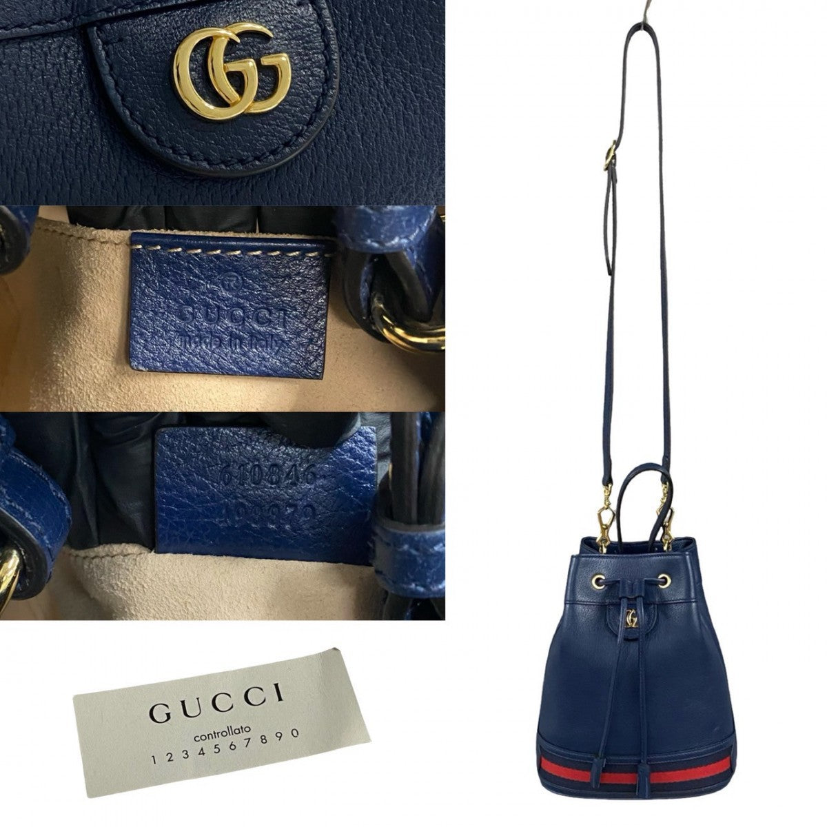 GUCCI Shoulder Bag leather Navy GG logo Off Deer Small Bucket Bag Women