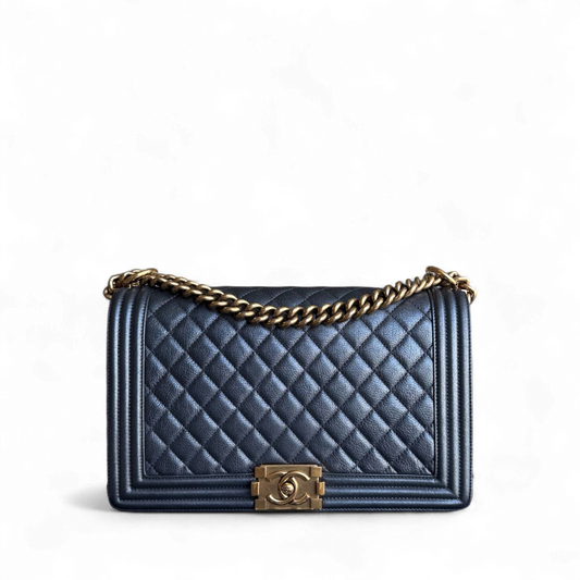 Chanel Boy New Medium - 28CM Quilted Grained Calfskin Dark Gray Ruthenium Gold Hardware Series 20