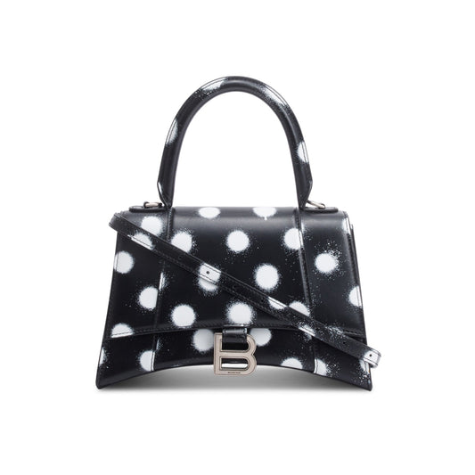 Balenciaga Black Smooth Leather Spray Polka Dot Small Hourglass Top Handle Bag