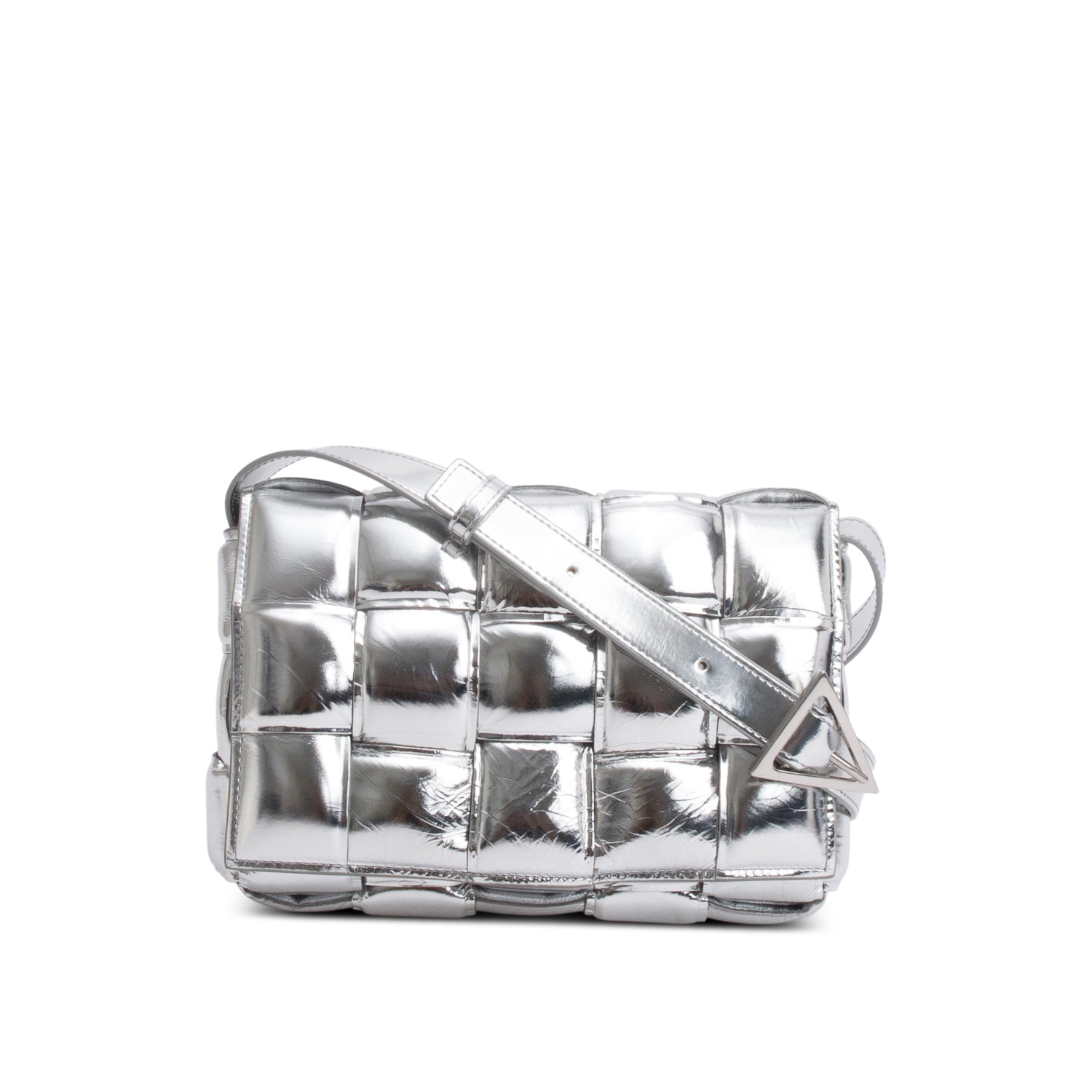 Bottega Veneta Silver Metallic Nappa Intrecciato Padded Chain Cassette Bag