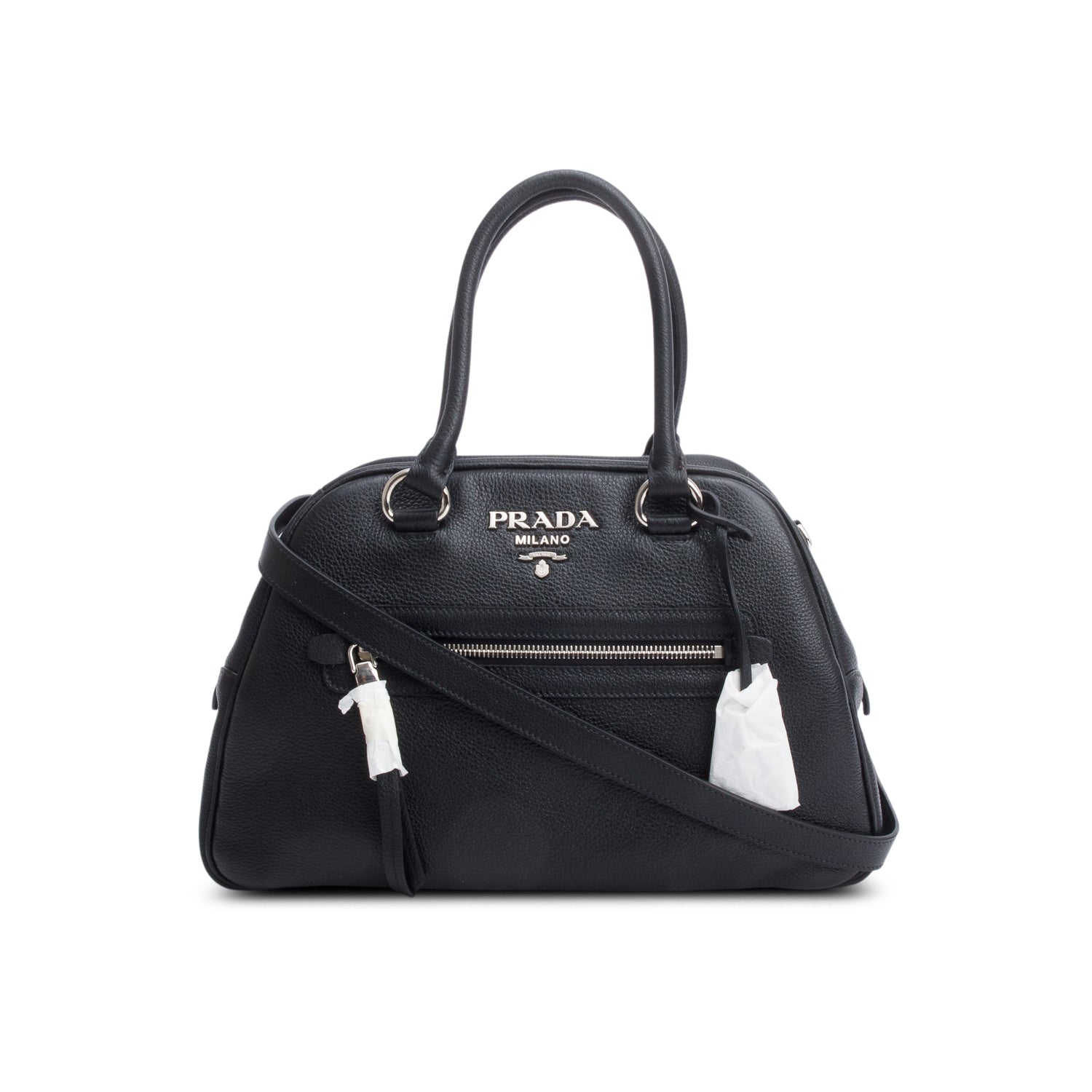 Prada Black Vitello Phenix Leather Convertible Bowling Bag/ Strap & Authenticity Card