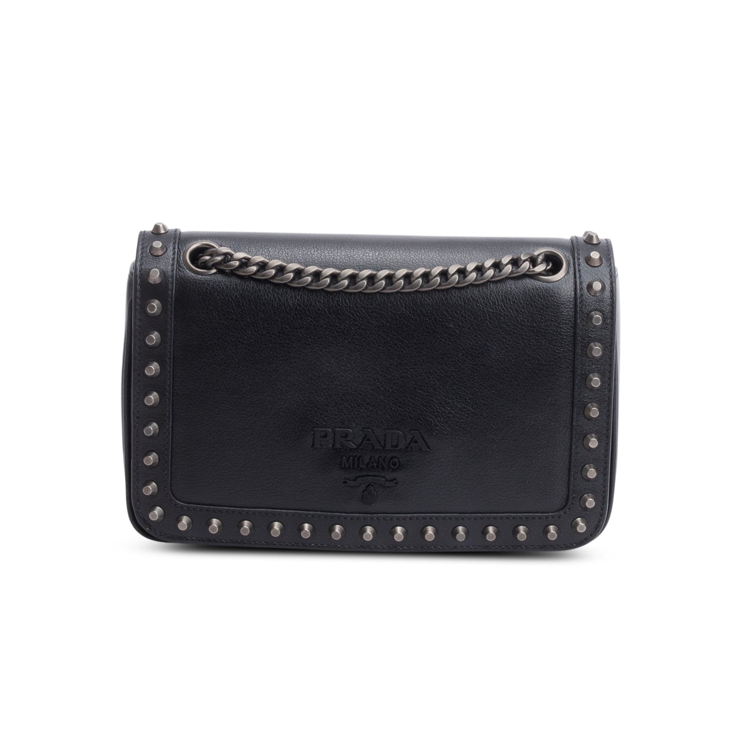 Prada Black Pattina Glace Calf Studded Crossbody Bag