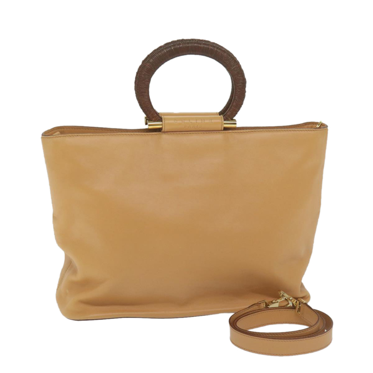 Luxury CELINE Hand Bag Leather 2way Beige Brown 63990