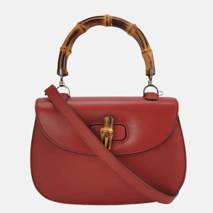 Gucci Bamboo 1947 Top Handle Bag Leather Small Red Burgundy with Strap