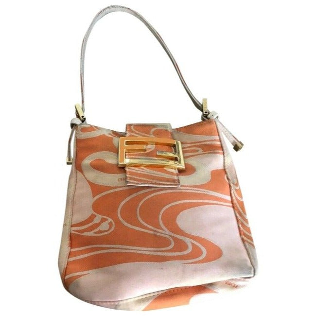 Limited Edition, Fendi abstract orange & pink print silk & leather double flap top baguette