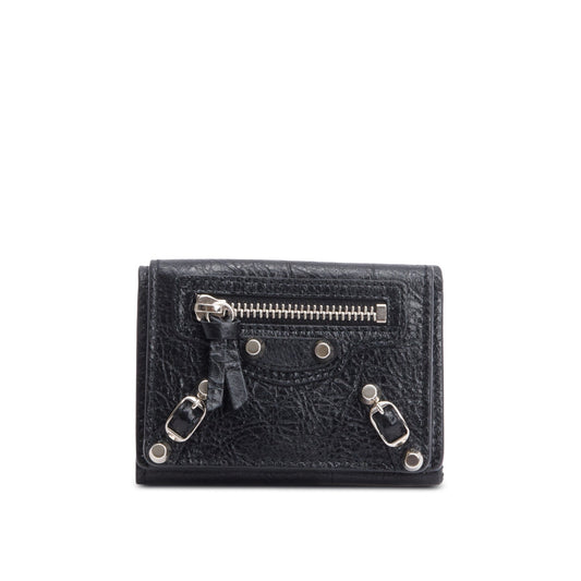 Balenciaga Black Crinkled Calfskin Leather City Mini Trifold Compact Wallet