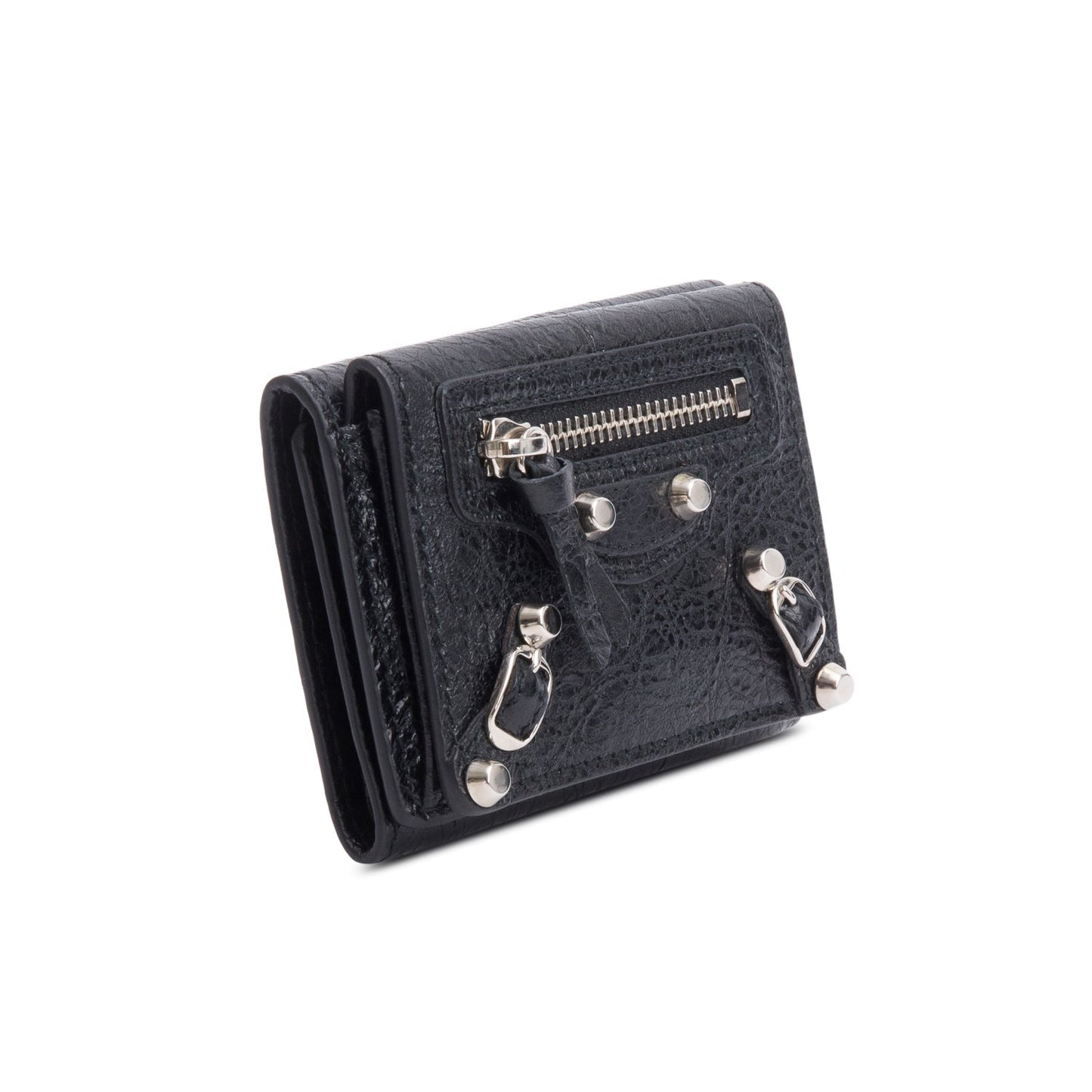 Balenciaga Black Crinkled Calfskin Leather City Mini Trifold Compact Wallet