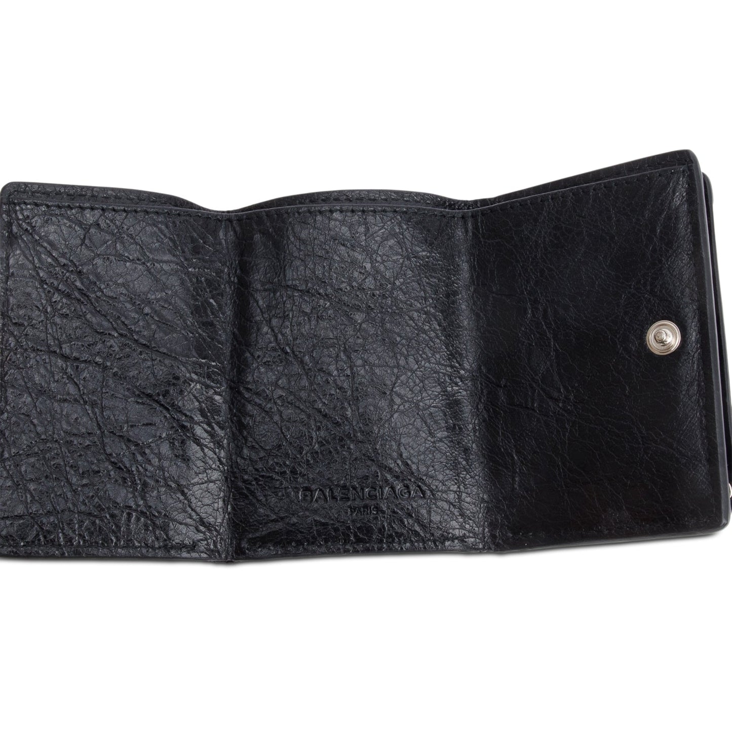 Balenciaga Black Crinkled Calfskin Leather City Mini Trifold Compact Wallet