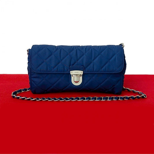PRADA Shoulder Bag Nylon, Leather blue logo Metal Women