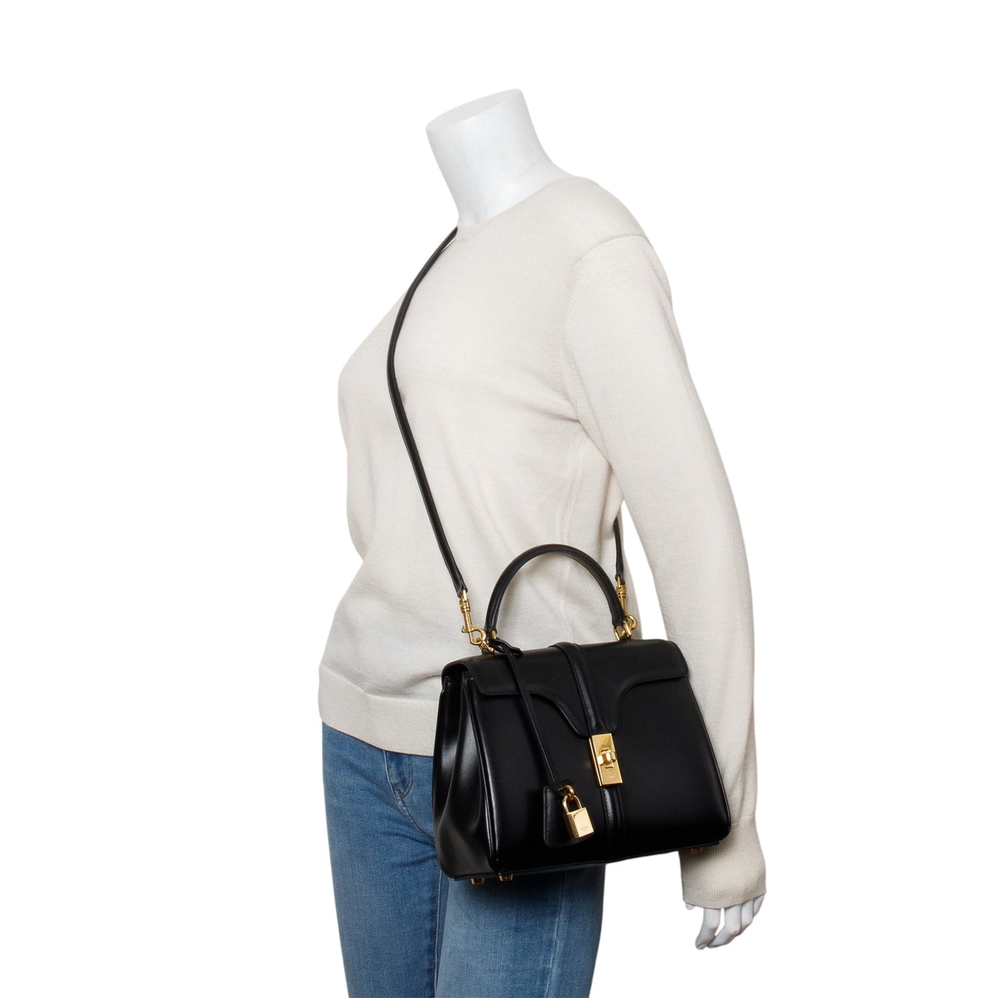 Celine 2023 Black Satinated Calfskin Small 16 Top Handle Bag