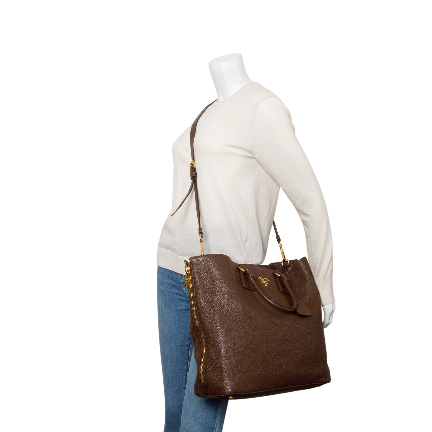 Prada Brown Vitello Daino Leather Side Zip Shopping Tote