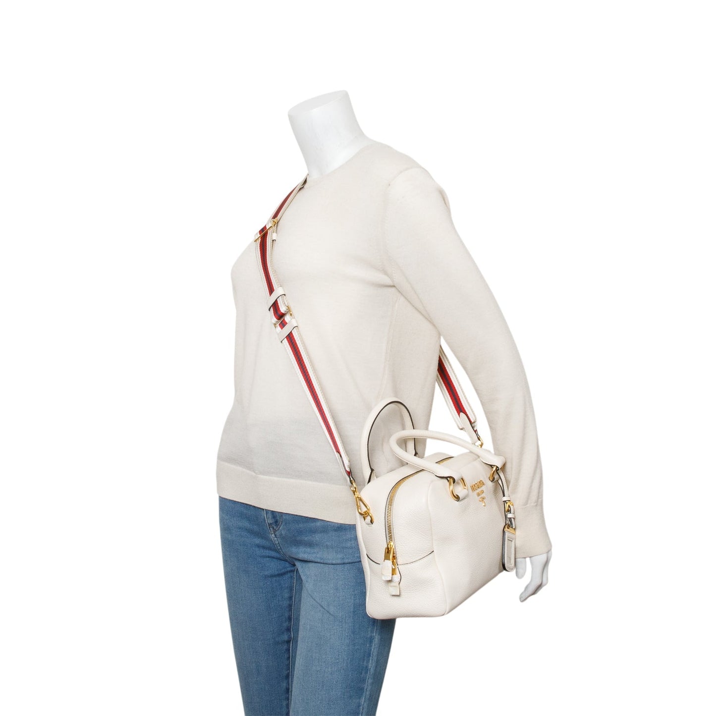 Prada Cream Vitello Phenix Convertible Bauletto Bag