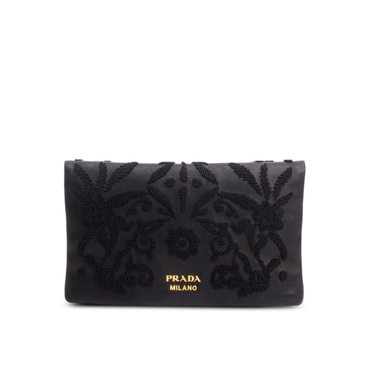 Prada Black Nappa Ricamo Flap Clutch