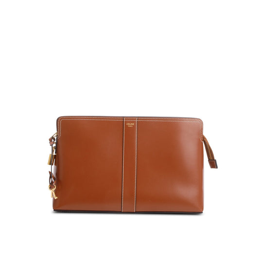 Celine 2024 Tan Shiny Calfskin Leather Lock Toiletry Pouch
