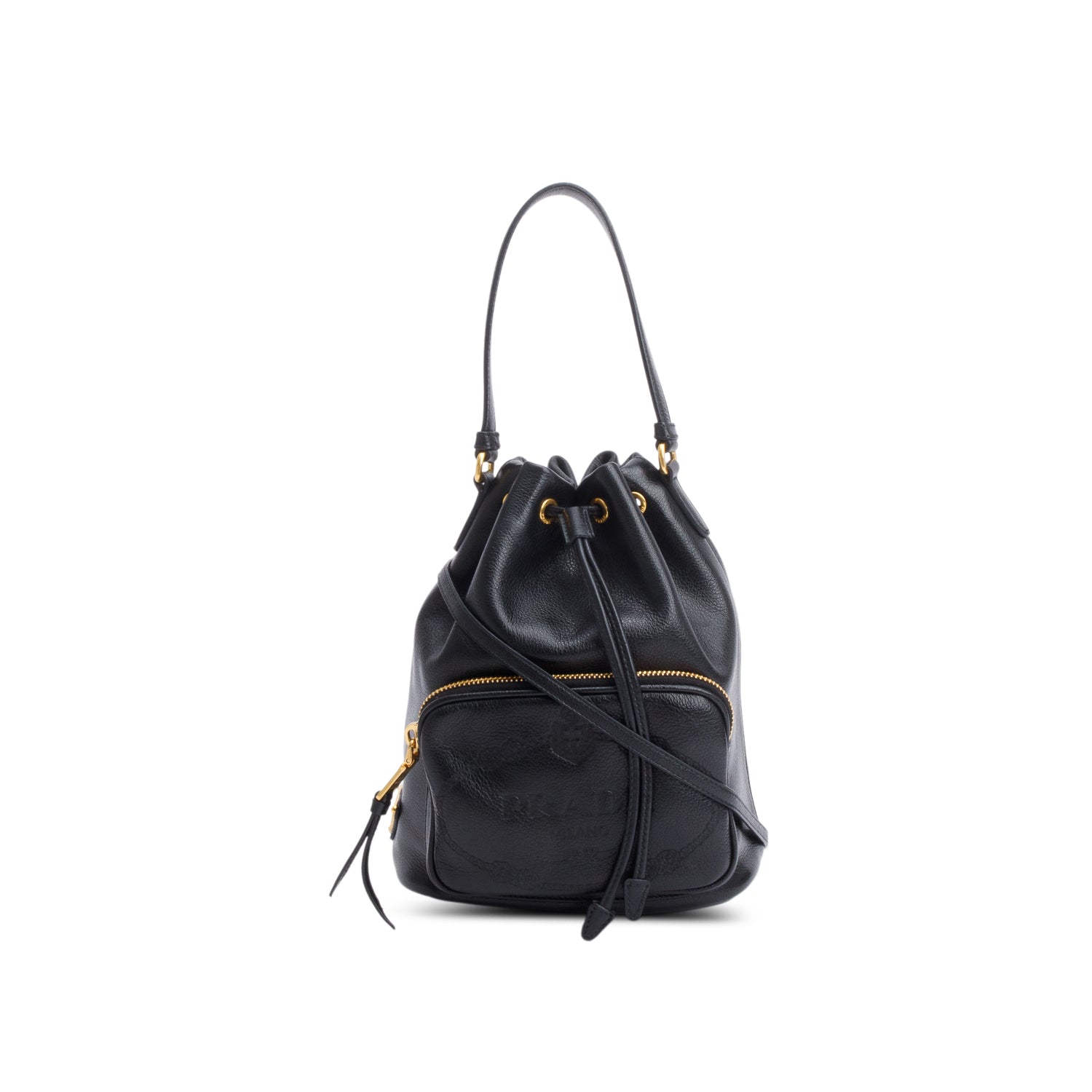 Prada Black Glace Calf Leather Logo Duet Bucket Bag
