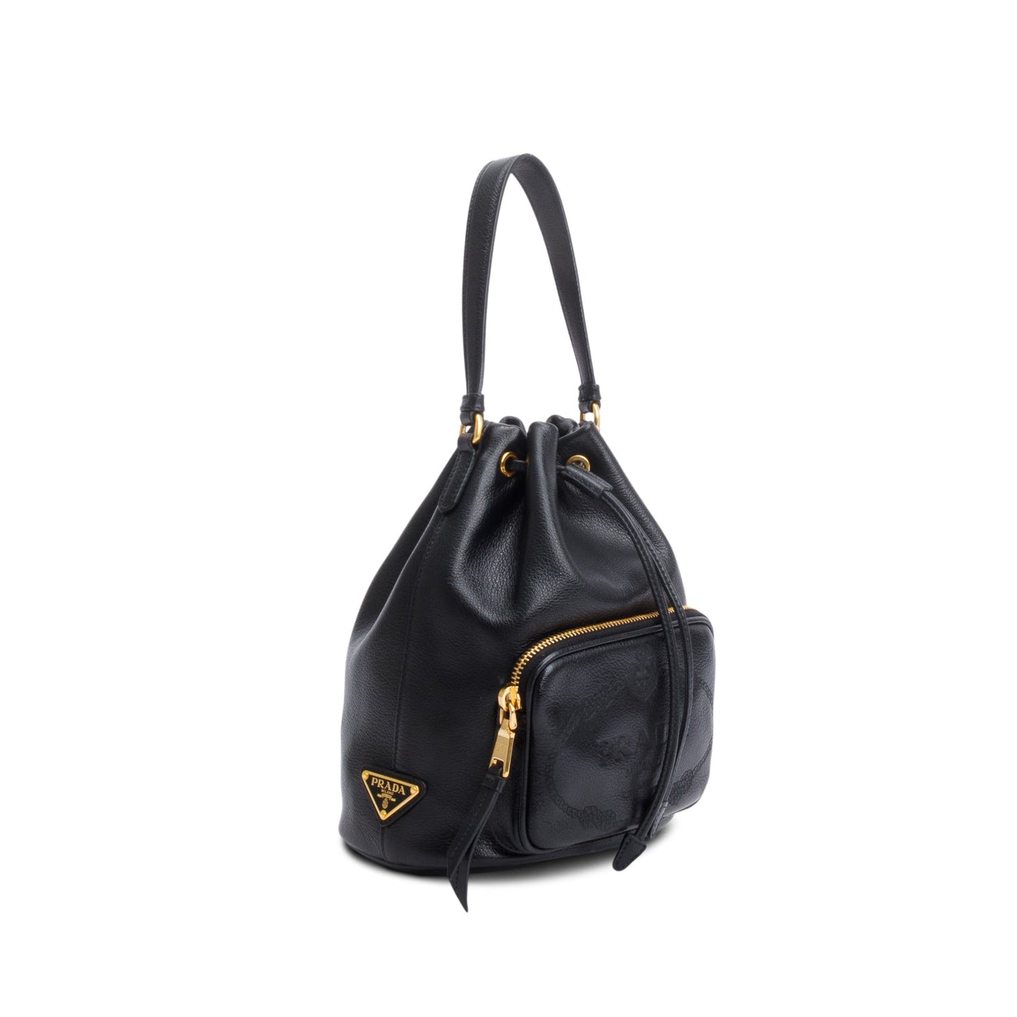 Prada Black Glace Calf Leather Logo Duet Bucket Bag