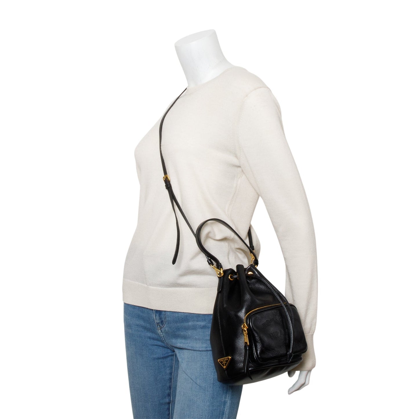 Prada Black Glace Calf Leather Logo Duet Bucket Bag