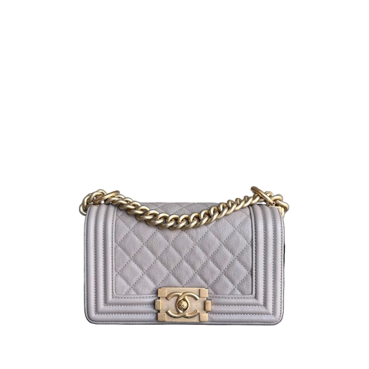 Chanel Boy Small - Caviar 20CM Quilted Grained Calfskin Grey Gray Gold Hardware Series 27