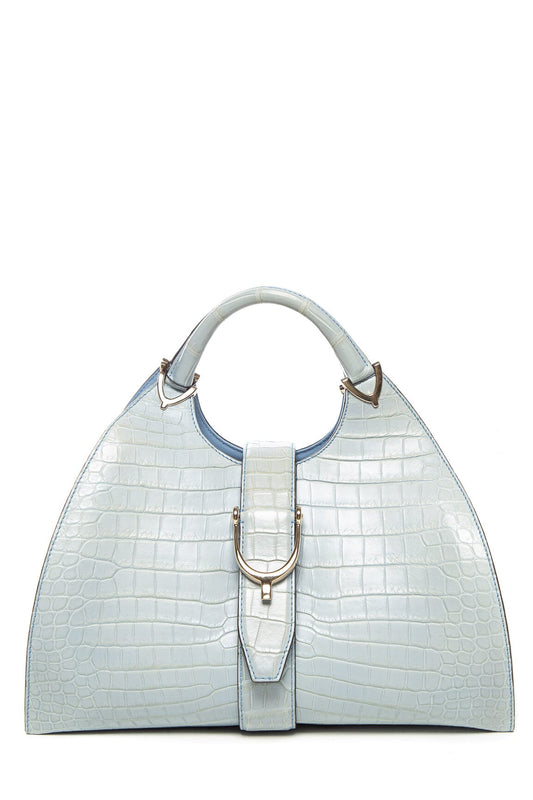 Gucci Crocodile Light Blue Medium Stirrup Top Handle Handbag
