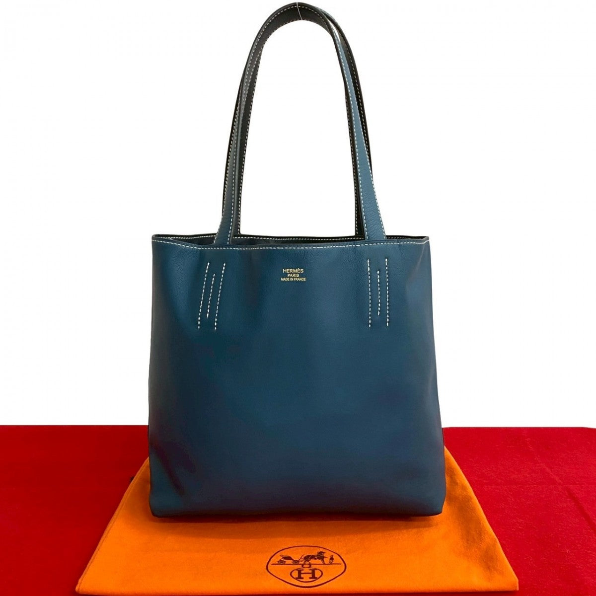HERMES Tote Bag leather blue Doble Sense 28