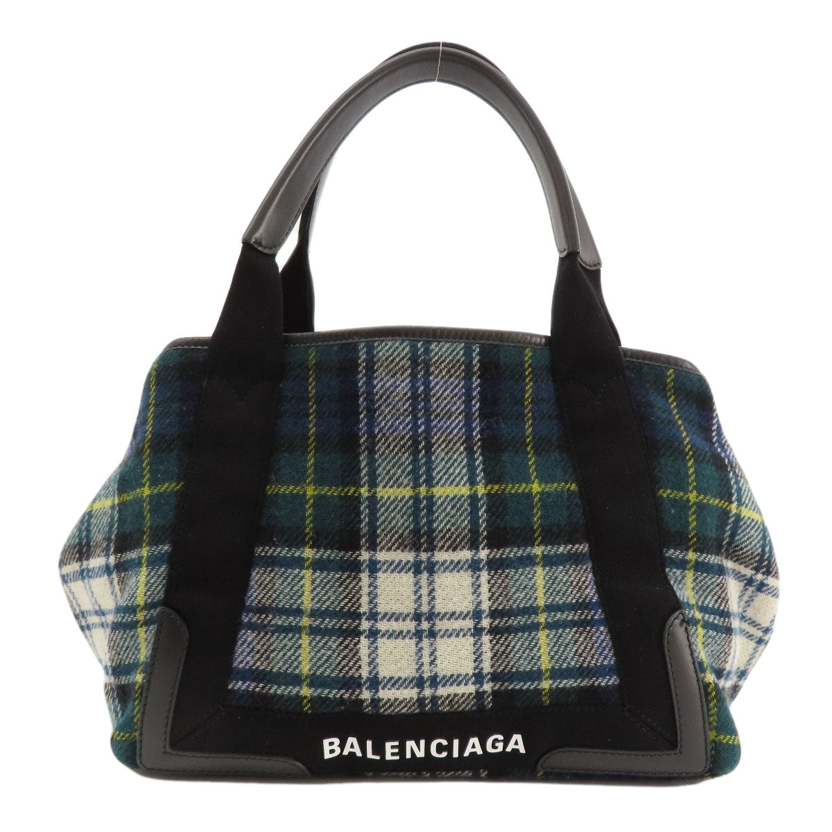 BALENCIAGA Tote Bag 339933 wool green Navy Cabas Check Pattern